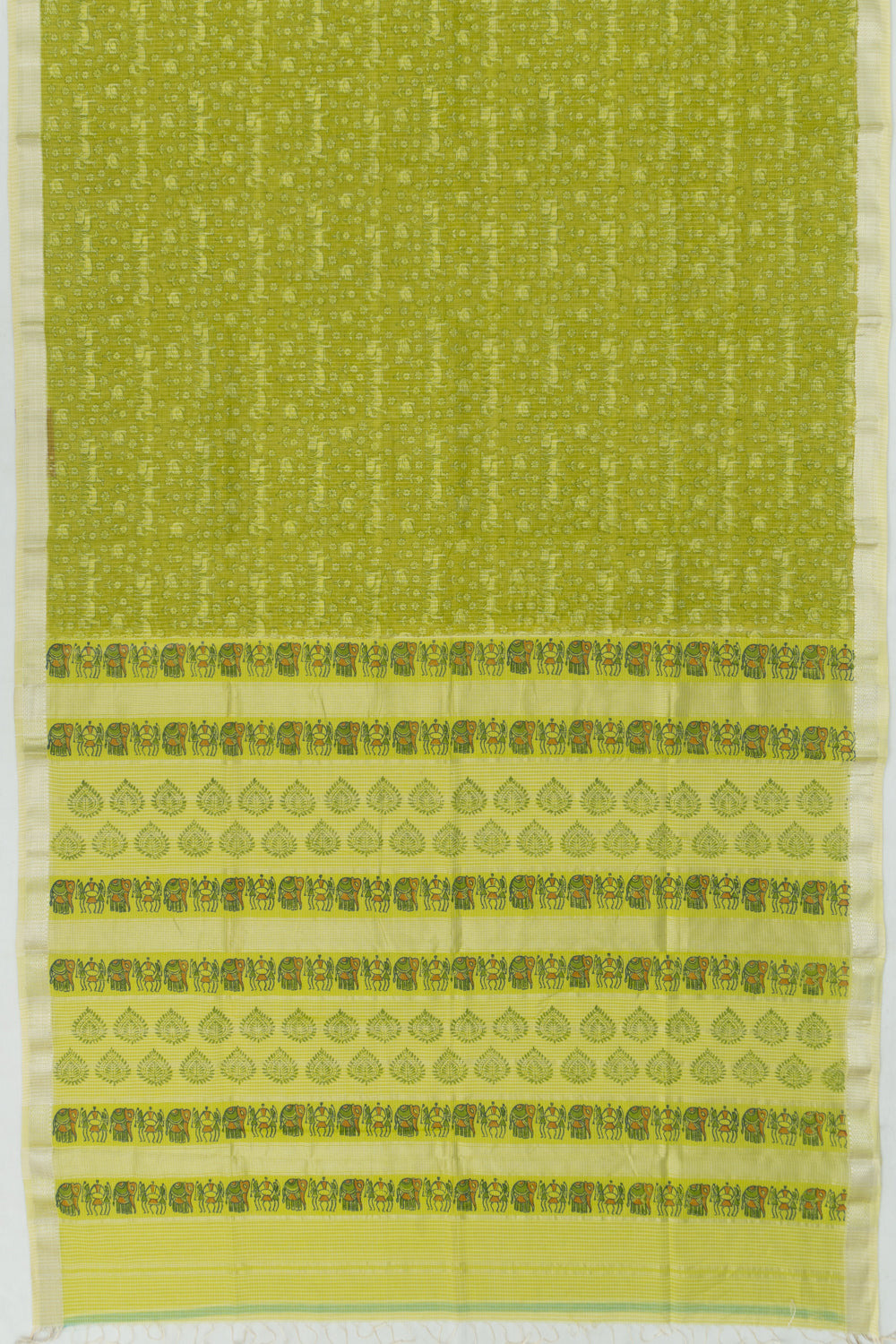 Chanderi Cotton Checks And Printed Green Saree