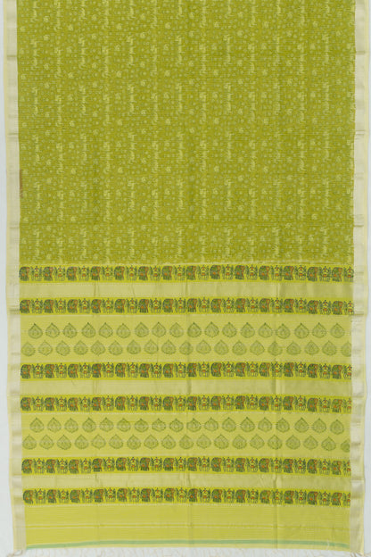 Chanderi Cotton Checks And Printed Green Saree