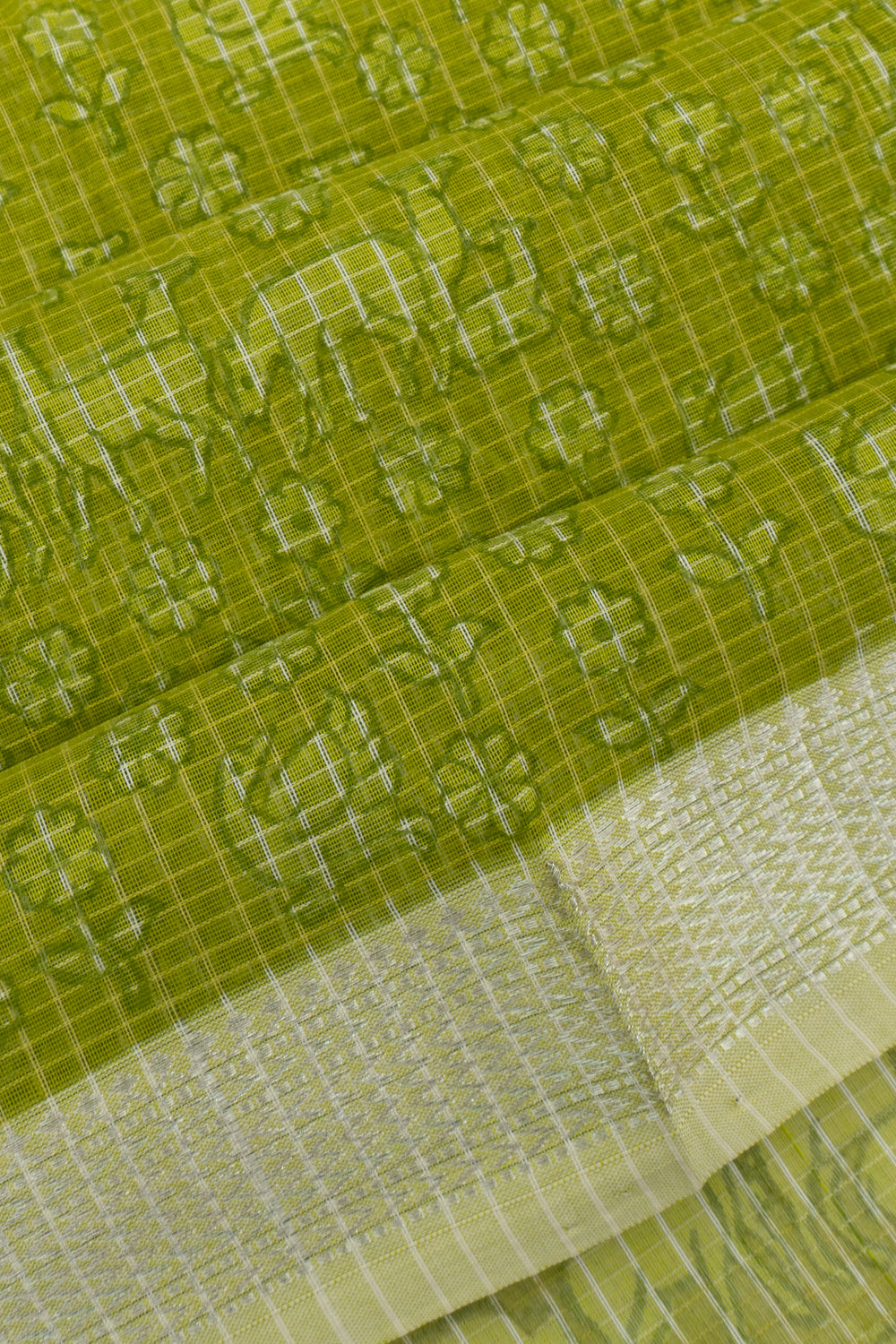 Chanderi Cotton Checks And Printed Green Saree