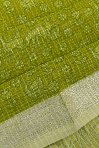 Chanderi Cotton Checks And Printed Green Saree
