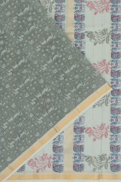 Chanderi Cotton Checks And Printed Grey Saree