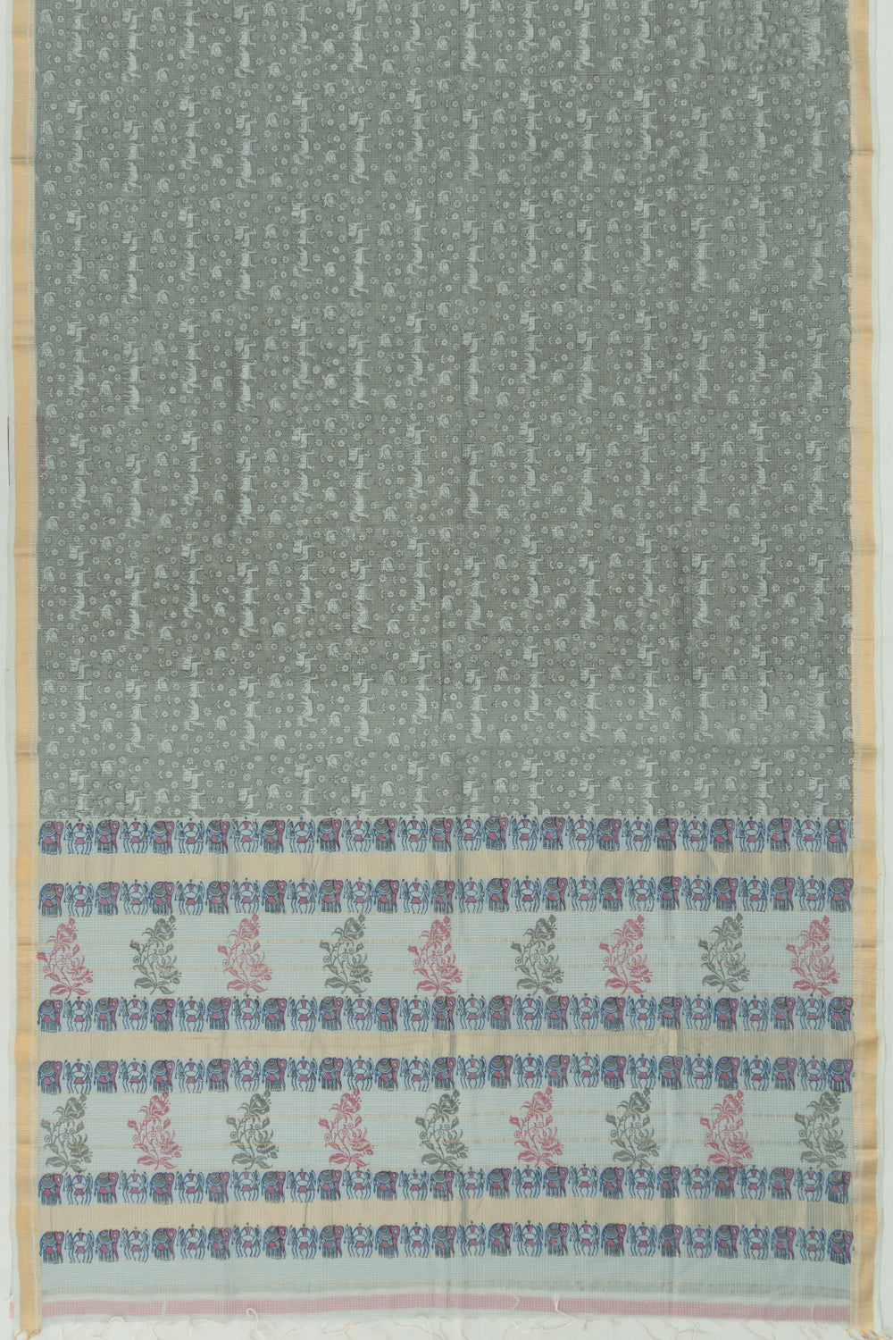 Chanderi Cotton Checks And Printed Grey Saree