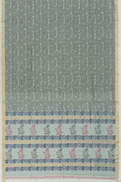 Chanderi Cotton Checks And Printed Grey Saree