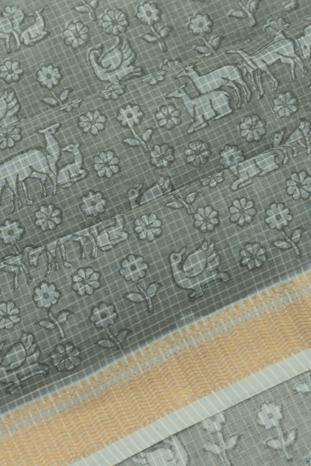 Chanderi Cotton Checks And Printed Grey Saree