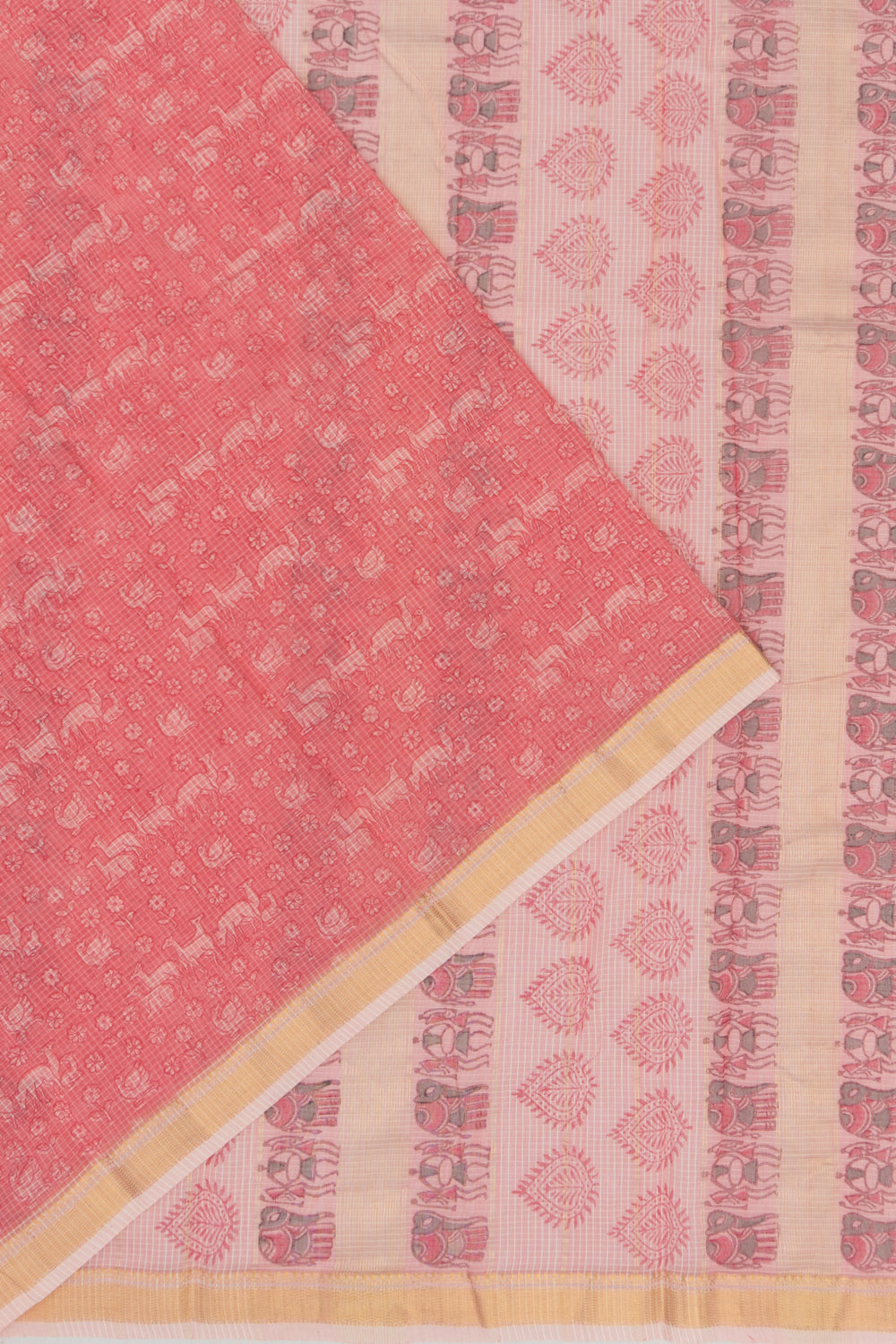 Chanderi Cotton Checks And Printed Pink Saree