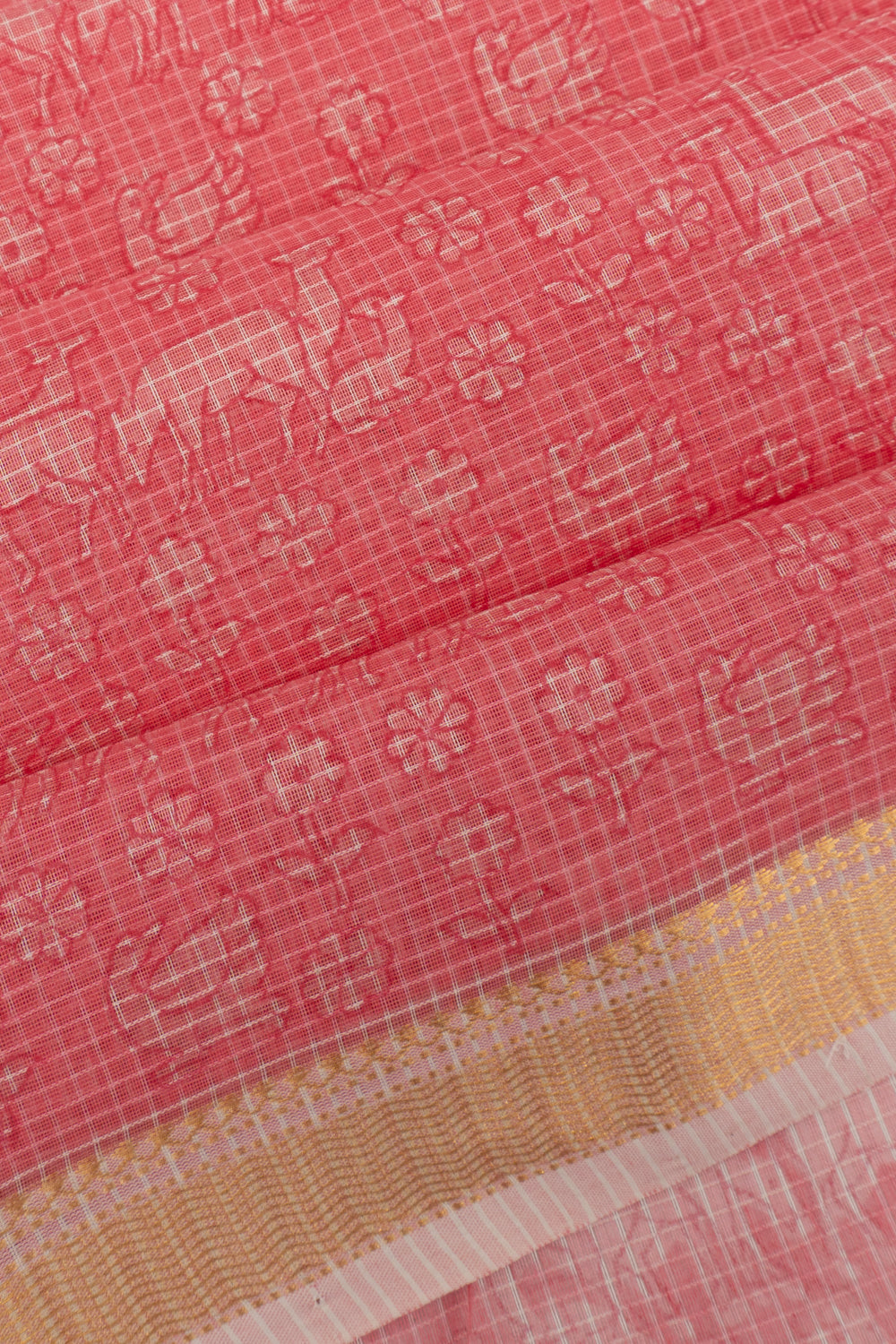 Chanderi Cotton Checks And Printed Pink Saree