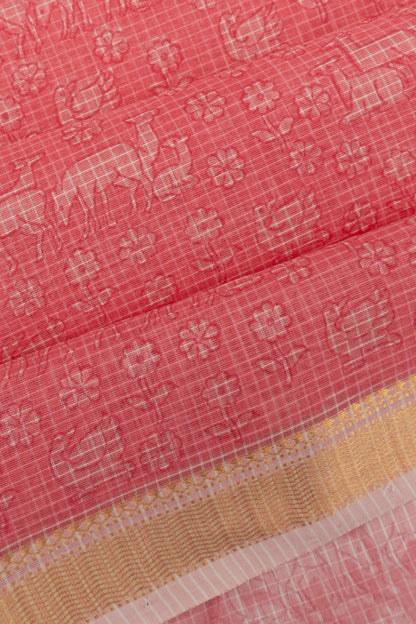 Chanderi Cotton Checks And Printed Pink Saree