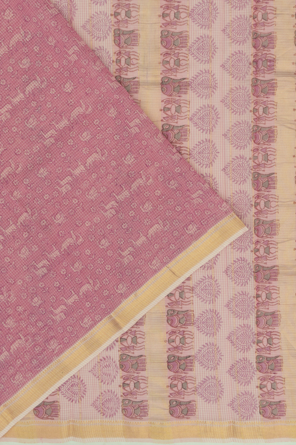 Chanderi Cotton Checks And Printed Lilac Saree