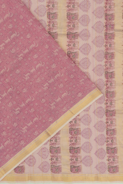 Chanderi Cotton Checks And Printed Lilac Saree