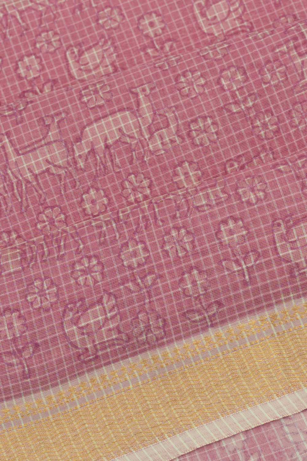 Chanderi Cotton Checks And Printed Lilac Saree
