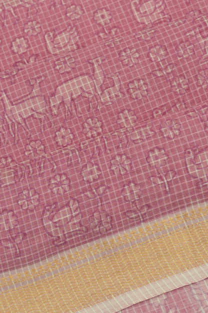 Chanderi Cotton Checks And Printed Lilac Saree