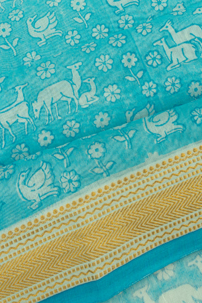 Chanderi Cotton Printed Sky Blue Saree