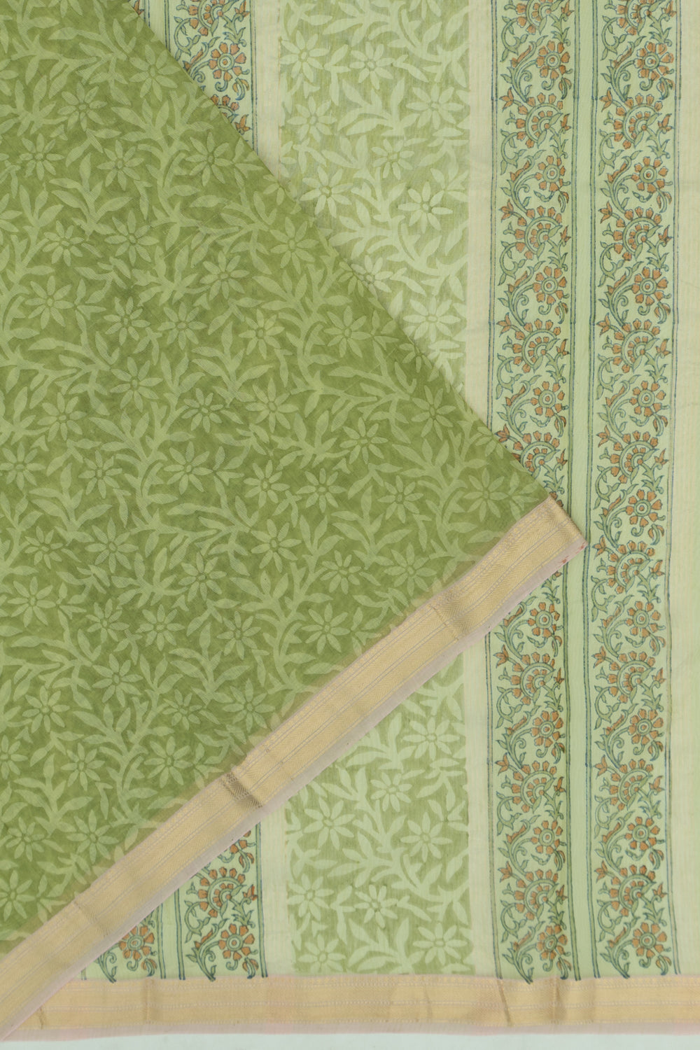 Chanderi Cotton Floral Printed Green Saree