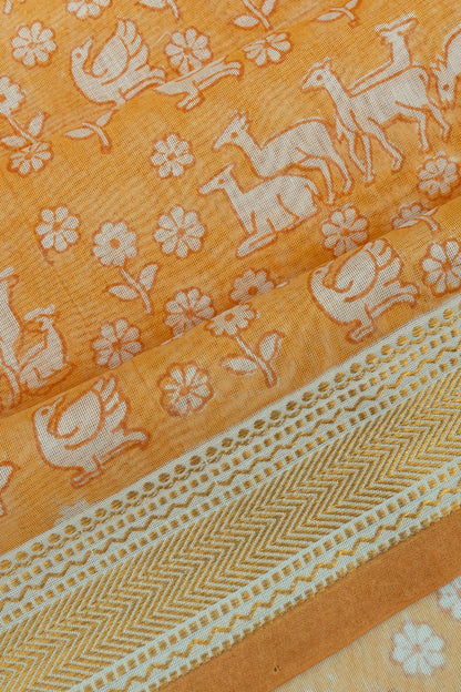 Chanderi Cotton Printed Mustard Yellow Saree