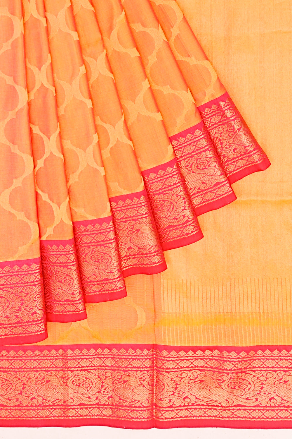 Uppada Silk Jamdani Dual Tone Mustard Yellow And Pink Saree With Kanchi Border