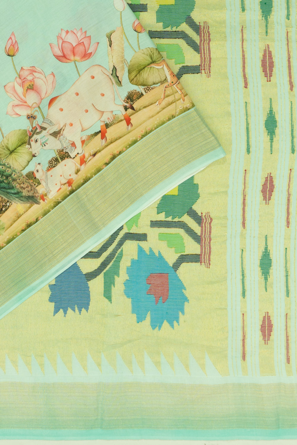 Paithani Cotton Butta Pichwai Printed Sky Blue Saree