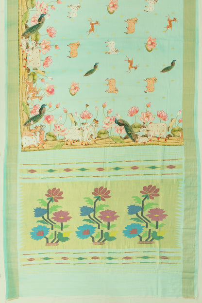 Paithani Cotton Butta Pichwai Printed Sky Blue Saree