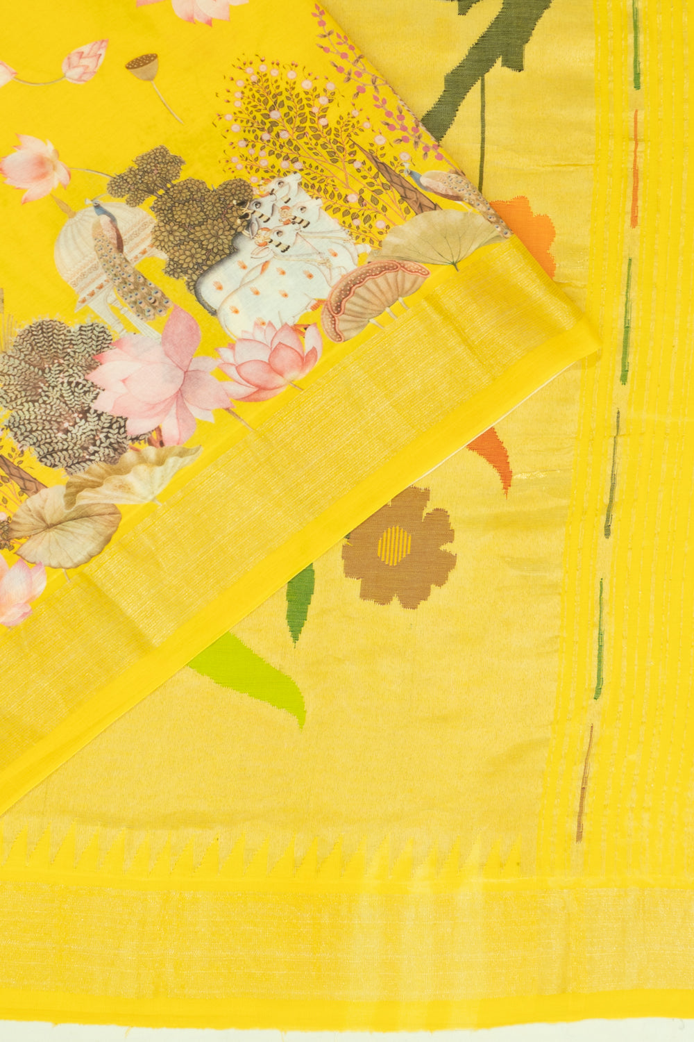 Paithani Cotton Pichwai Printed Yellow Saree