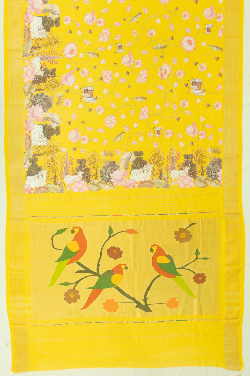 Paithani Cotton Pichwai Printed Yellow Saree