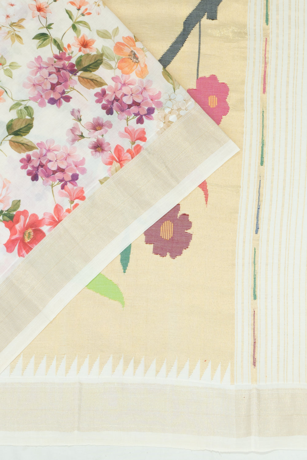 Paithani Cotton Floral Printed Off-White Saree