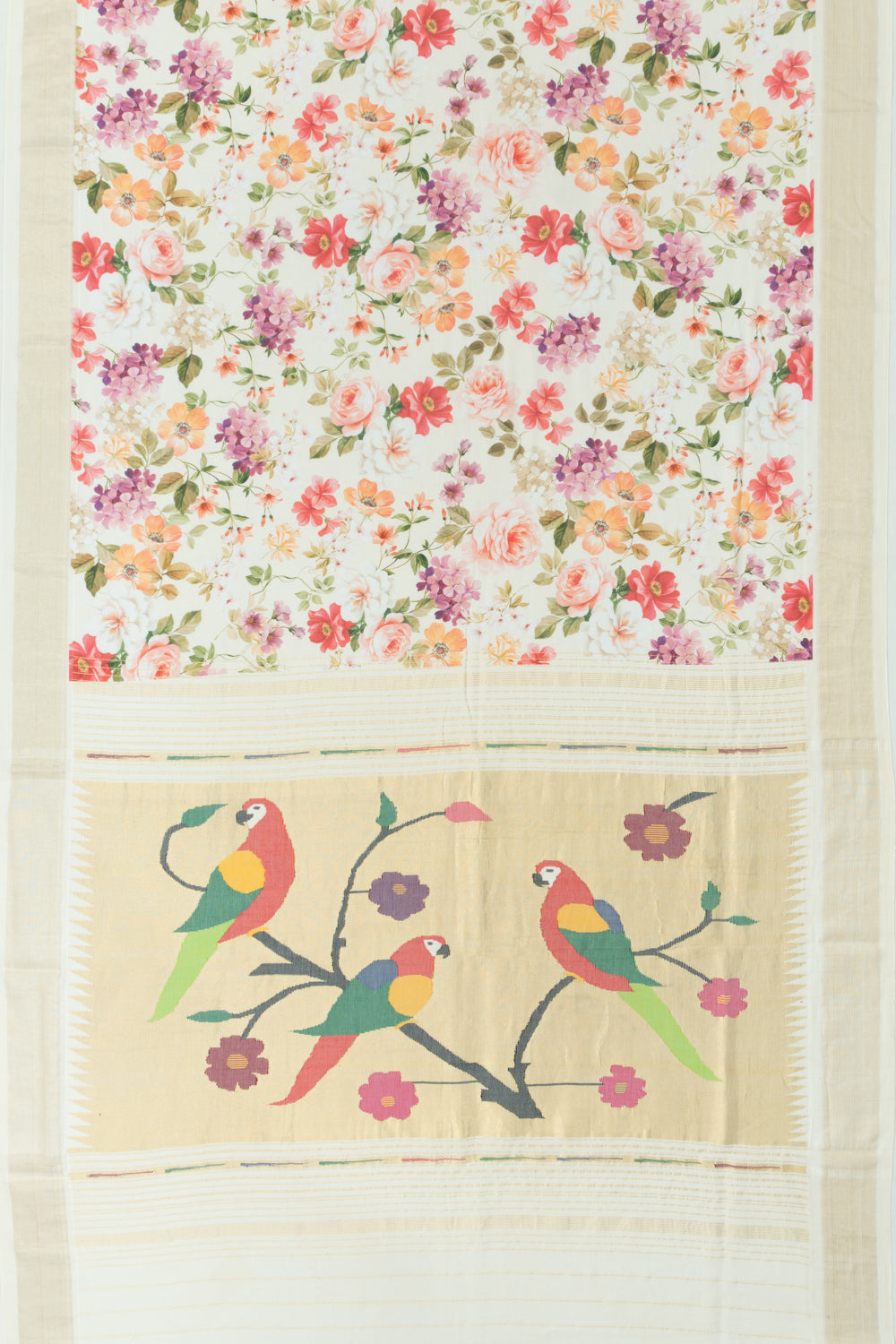Paithani Cotton Floral Printed Off-White Saree
