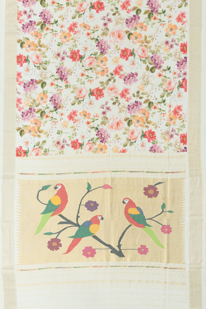 Paithani Cotton Floral Printed Off-White Saree