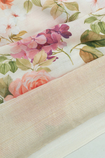 Paithani Cotton Floral Printed Off-White Saree