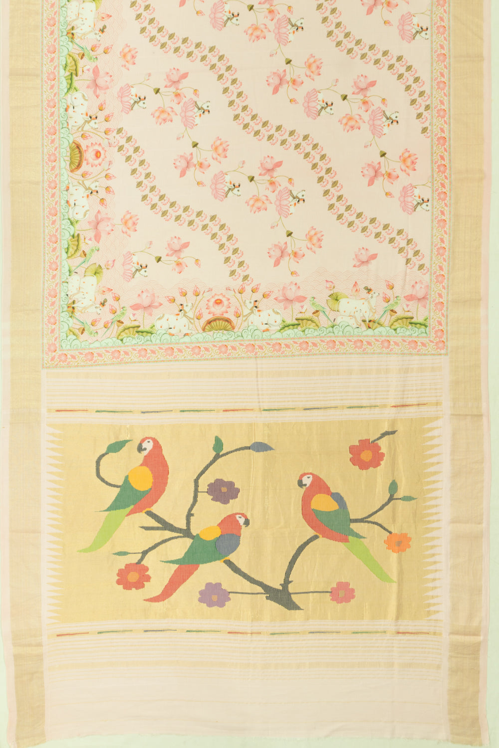 Paithani Cotton Pichwai Printed Pastel Pink Saree