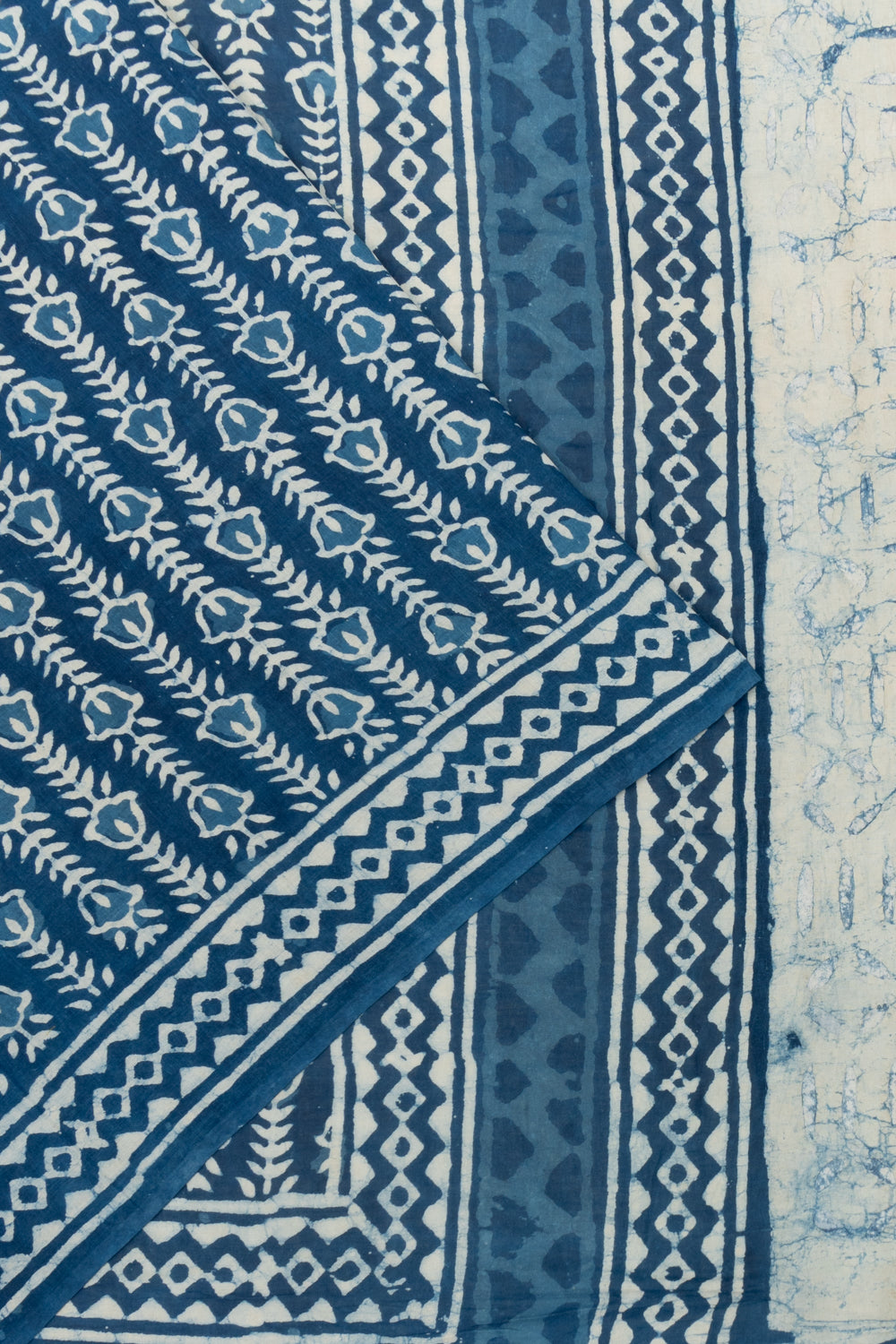 Chanderi Cotton Batik Printed Indigo Blue Saree