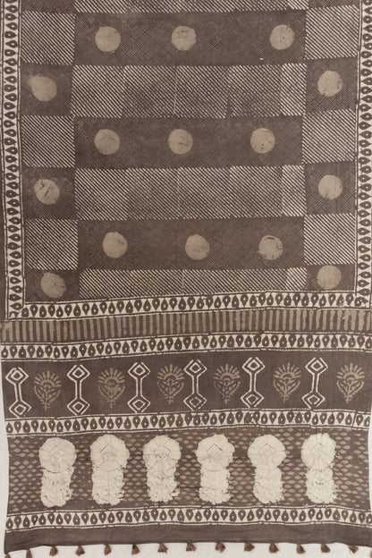 Chanderi Cotton Batik Printed Brown Saree