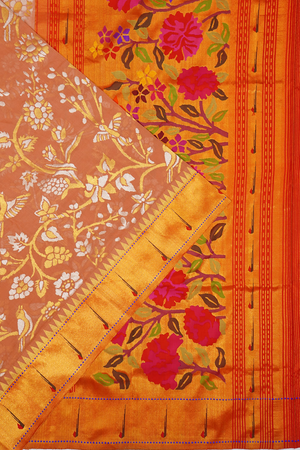 Ponduru Handspun Cotton All Over Jamdani Pastel Brown Saree With Paithani Border And Pallu