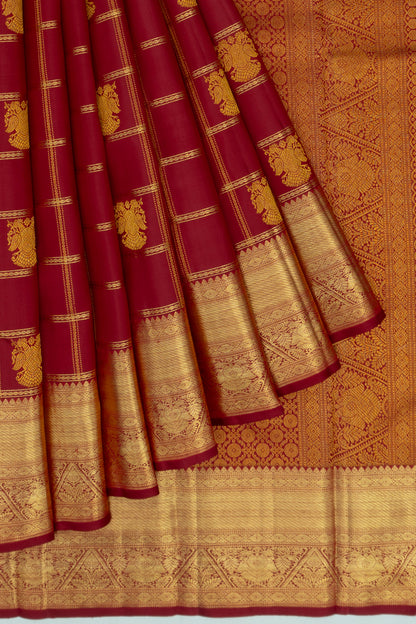 Kanchipuram Silk Checks And Butta Maroon Saree