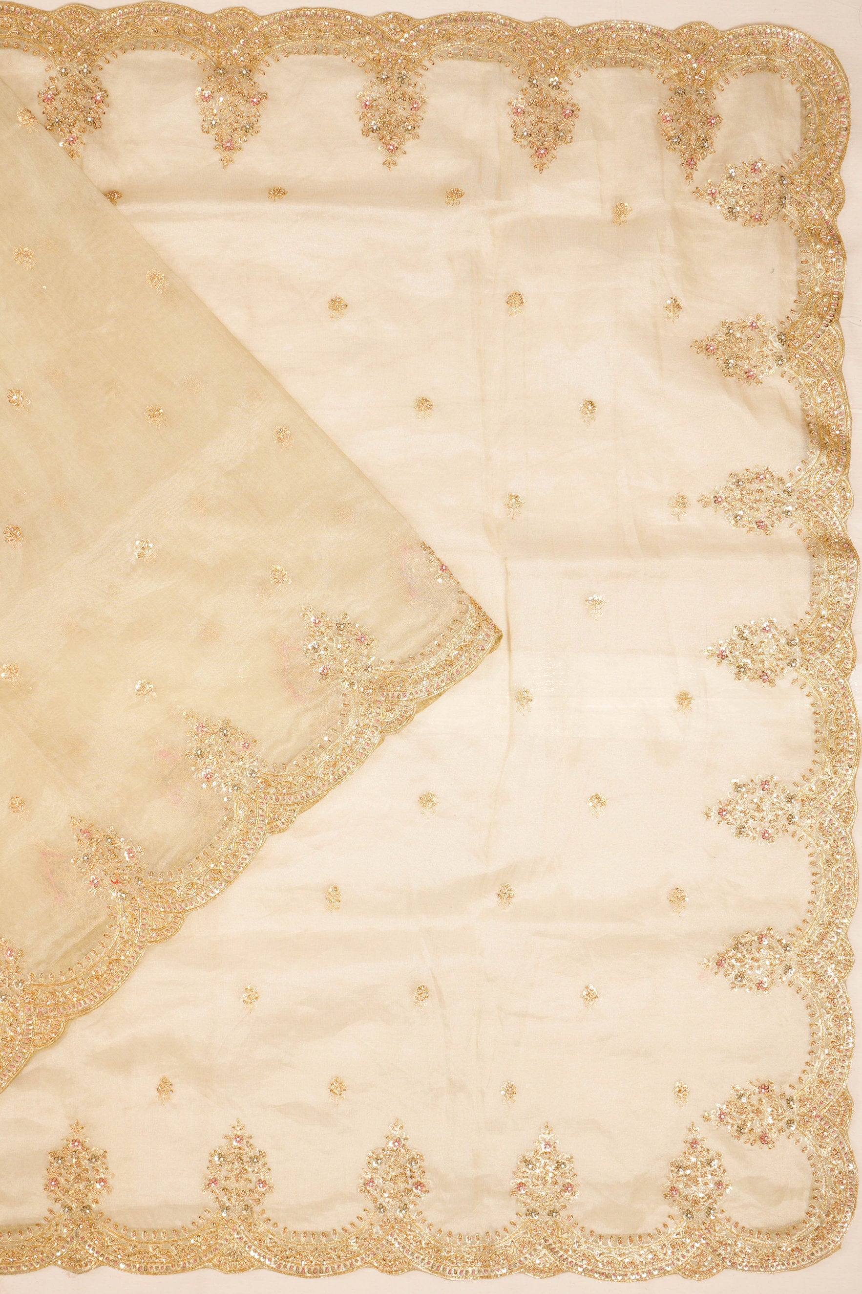 Zardosi Work Organza Tissue Butta Off White Saree With Sacllop Border