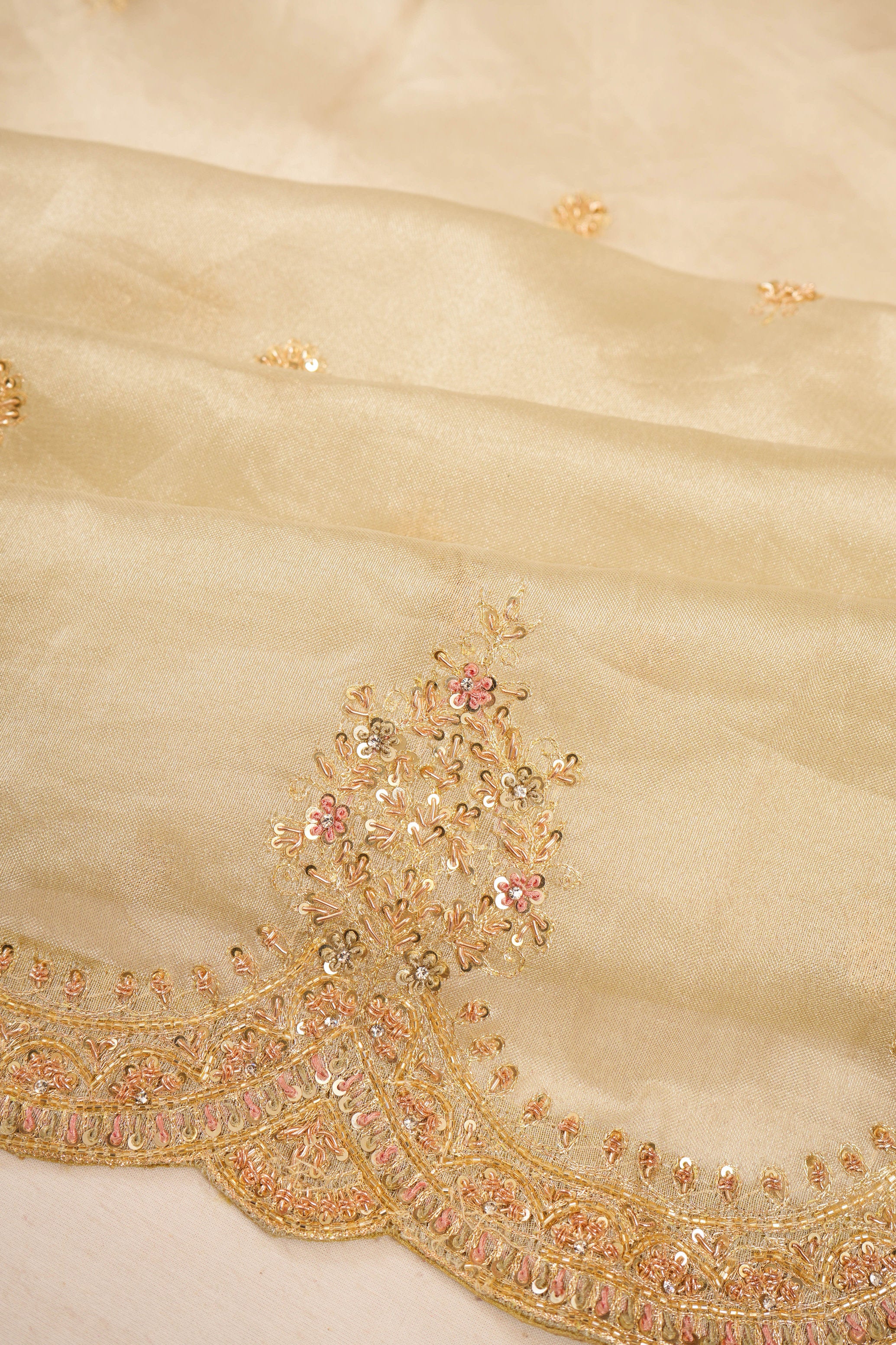 Zardosi Work Organza Tissue Butta Off White Saree With Sacllop Border