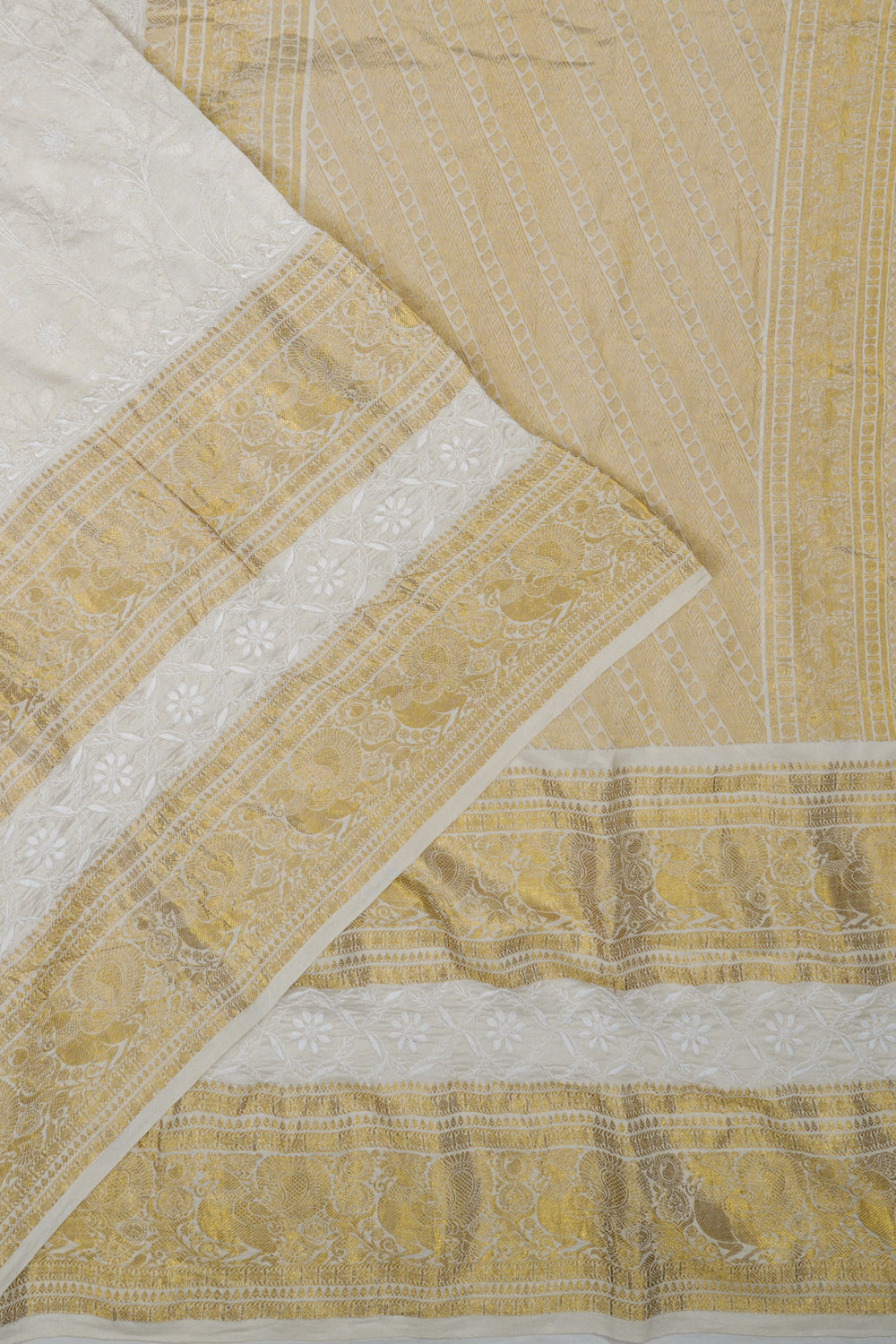 Lucknow Chikankari Kanchipuram Silk Embroidery White Saree 1214502187