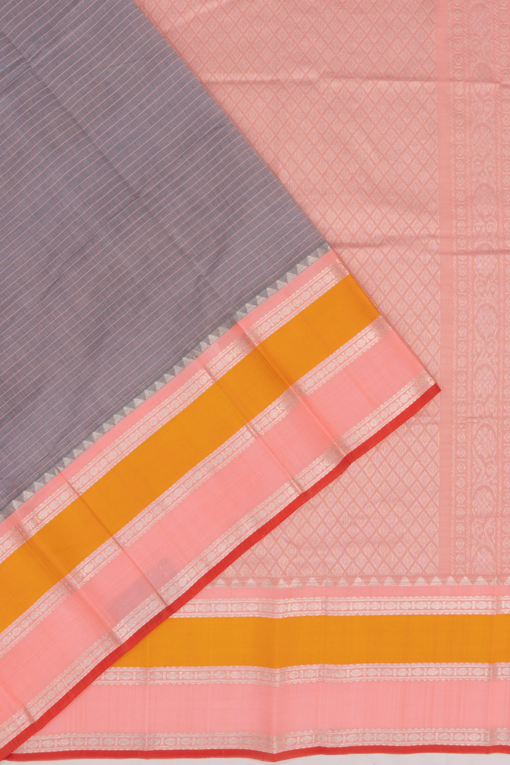 Gadwal Cotton And Silk Horizontal Lines Grey Saree