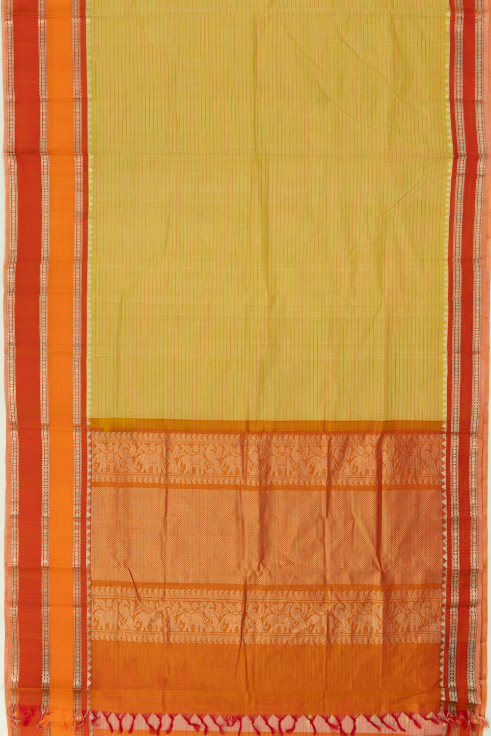 Gadwal Cotton And Silk Horizontal Lines Mehendi Green Saree