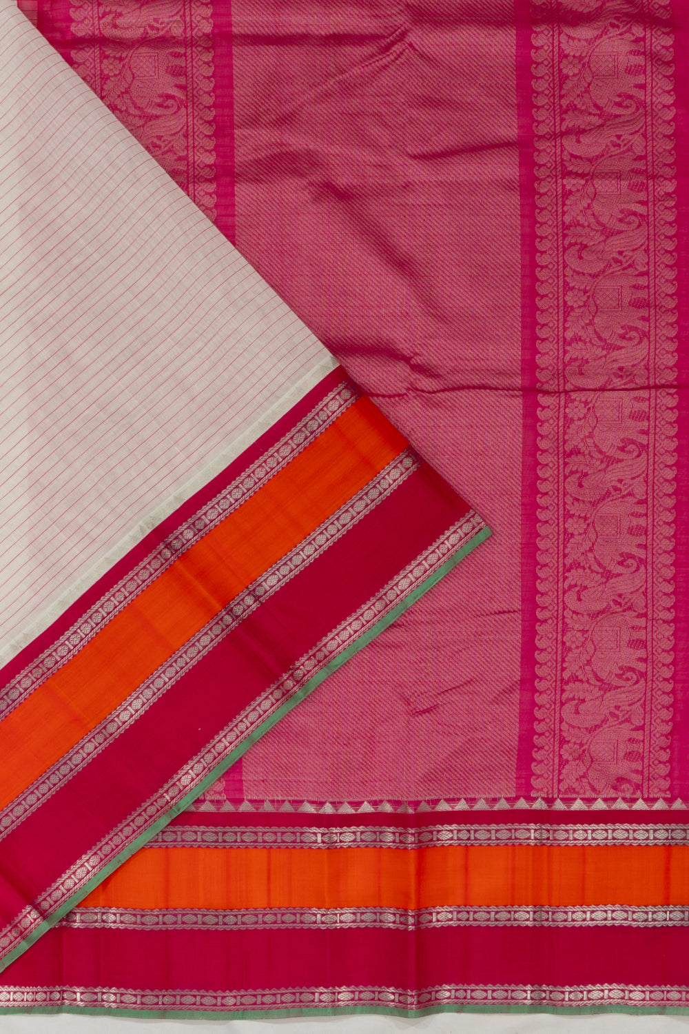Chettinad Cotton Horizontal Lines White Saree