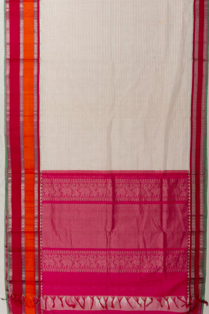 Chettinad Cotton Horizontal Lines White Saree