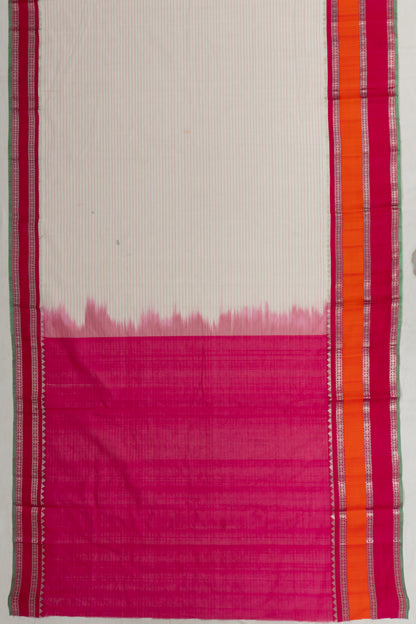 Chettinad Cotton Horizontal Lines White Saree