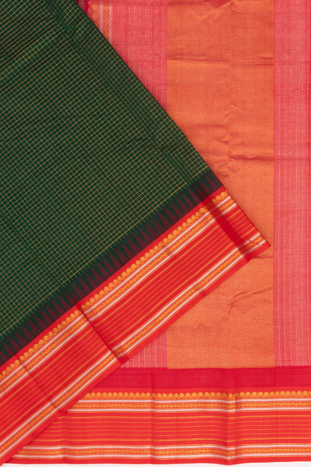 Gadwal Cotton Silk Checks Bottle Green Saree With Ganga Jamuna Border