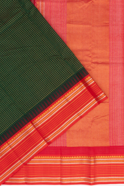 Gadwal Cotton Silk Checks Bottle Green Saree With Ganga Jamuna Border