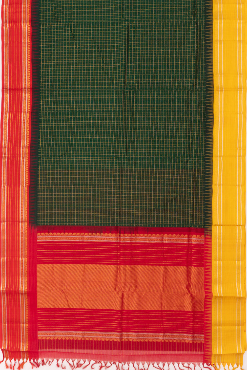Gadwal Cotton Silk Checks Bottle Green Saree With Ganga Jamuna Border
