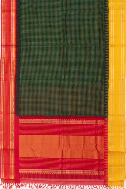Gadwal Cotton Silk Checks Bottle Green Saree With Ganga Jamuna Border