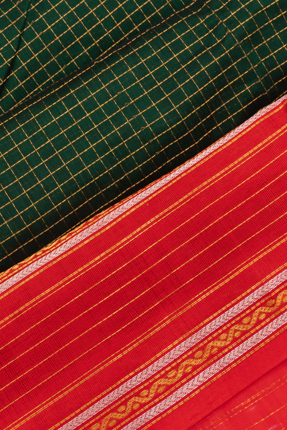 Gadwal Cotton Silk Checks Bottle Green Saree With Ganga Jamuna Border