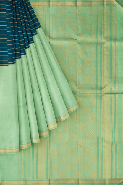 Kanchipuram Silk Half And Half Horizontal Lines And Checks Blue And Green Saree