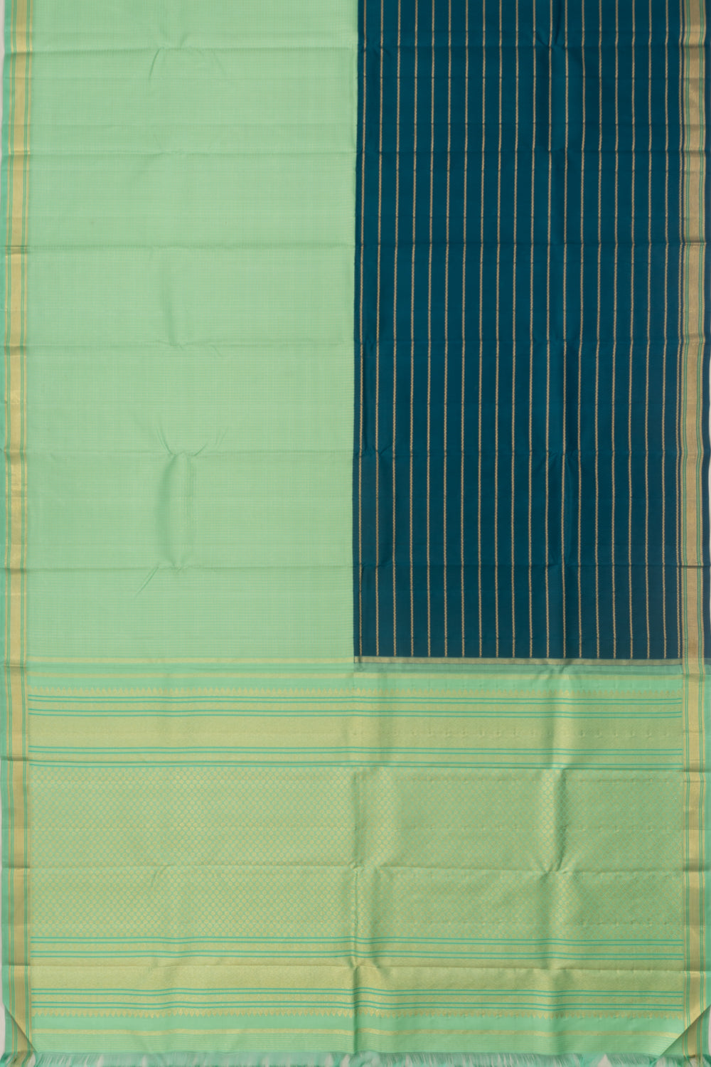 Kanchipuram Silk Half And Half Horizontal Lines And Checks Blue And Green Saree