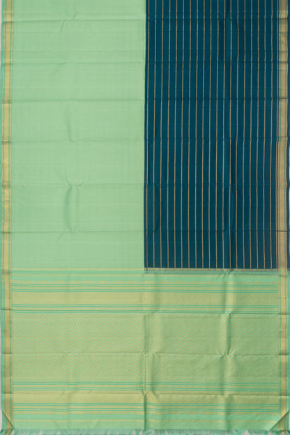 Kanchipuram Silk Half And Half Horizontal Lines And Checks Blue And Green Saree