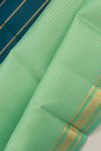 Kanchipuram Silk Half And Half Horizontal Lines And Checks Blue And Green Saree