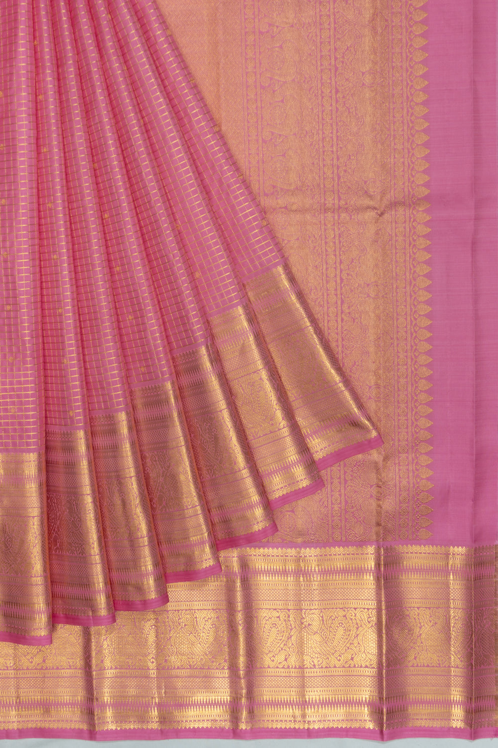 Kanchipuram Silk Checks And Butta Pink Saree